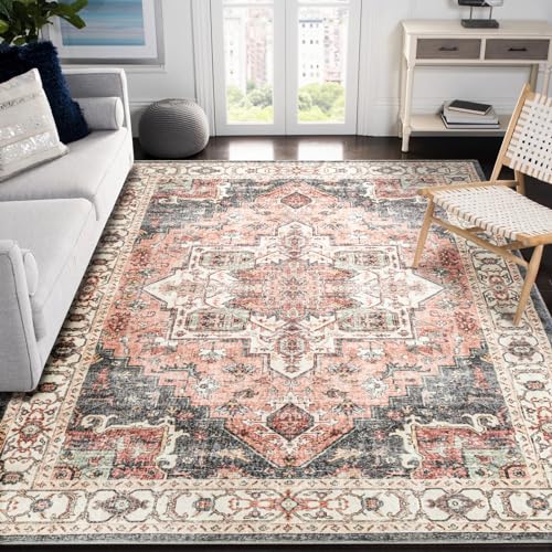 Carvapet Läufer Teppich 150x210cm rutschfest Lang Teppichläufer Waschbar Mikrofaser Vintage Medaillon Rosa Teppich Flächenteppich Laufteppich von Carvapet