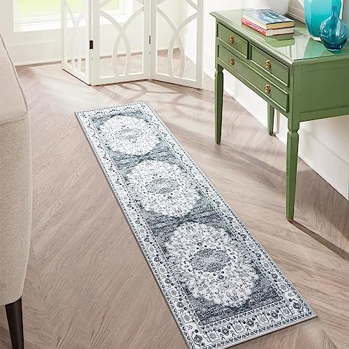 Carvapet Läufer Teppich 60x210cm rutschfest Lang Küchenteppich Waschbar Dünner Teppiche Gegend Blüte Medaillon Teppich für Wohnzimmer Schlafzimmer Küche(Grau) von Carvapet