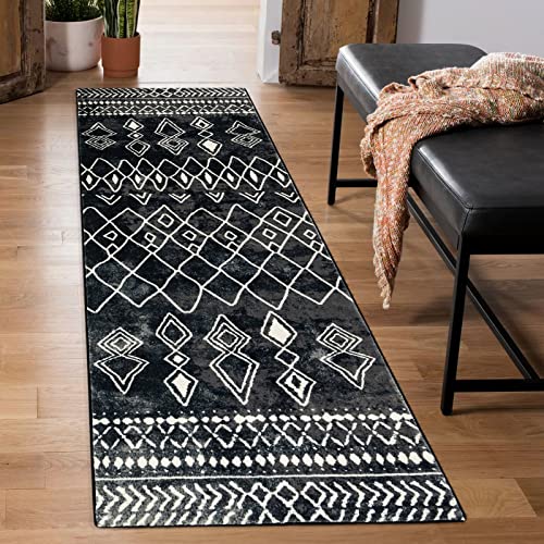 Carvapet Läufer Teppich 60x210cm rutschfest Lang Küchenteppich Waschbar Teppichläufer Weiche Mikrofaser Geometrisch Flächenteppich Laufteppich(Schwarz) von Carvapet