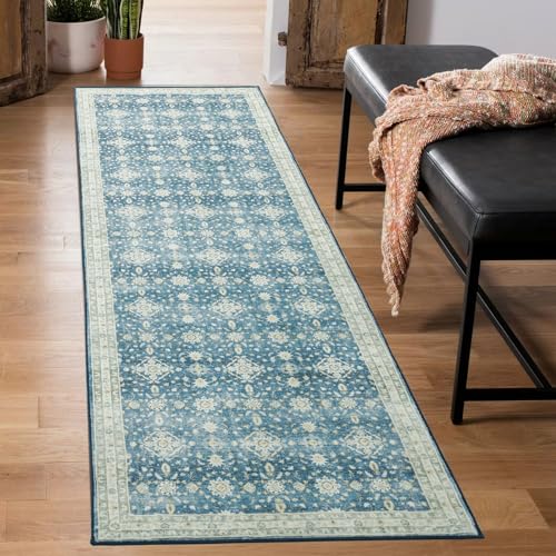 Carvapet Läufer Teppich 60x210cm rutschfest Lang Küchenteppich Weiche Mikrofaser Waschbar Teppichläufer Blumendruck Flächenteppich Laufteppich(Blau) von Carvapet