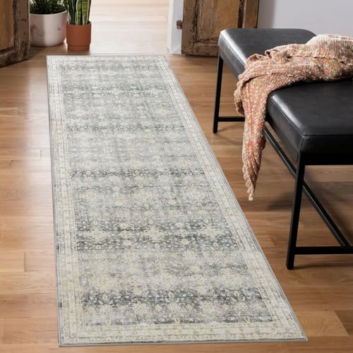 Carvapet Läufer Teppich 60x210cm rutschfest Lang Küchenteppich Weiche Mikrofaser Waschbar Teppichläufer Blumendruck Flächenteppich Laufteppich(Grau) von Carvapet