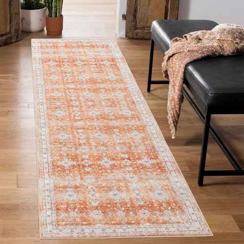 Carvapet Läufer Teppich 60x210cm rutschfest Lang Küchenteppich Weiche Mikrofaser Waschbar Teppichläufer Blumendruck Flächenteppich Laufteppich(Orange) von Carvapet