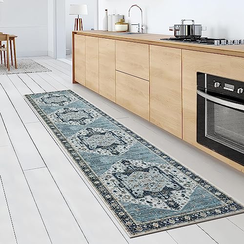 Carvapet Läufer Teppich 60x300cm rutschfest Lang Küchenteppich Waschbar Dünner Teppiche Gegend Vintage Medaillon Teppich für Wohnzimmer Schlafzimmer Küche(Blau) von Carvapet