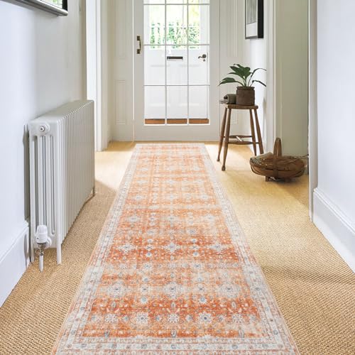 Carvapet Läufer Teppich 60x300cm rutschfest Lang Küchenteppich Weiche Mikrofaser Waschbar Teppichläufer Blumendruck Flächenteppich Laufteppich(Orange) von Carvapet