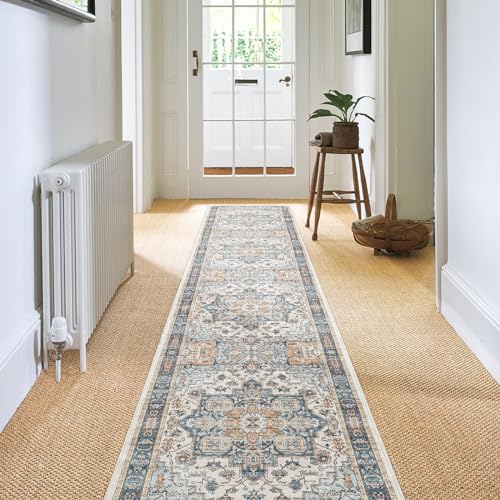 Carvapet Läufer Teppich 60x300cm rutschfest Lang Teppichläufer Waschbar Mikrofaser Vintage Medaillon Blau Teppich Flächenteppich Laufteppich von Carvapet