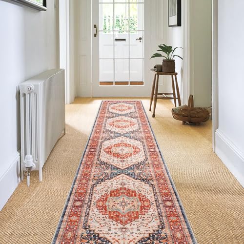 Carvapet Läufer Teppich 60x300cm rutschfest Lang Teppichläufer Waschbar Mikrofaser Vintage Medaillon Orange Teppich Flächenteppich Laufteppich von Carvapet