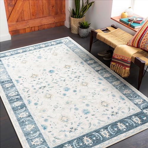 Carvapet Läufer Teppich 90x150cm rutschfest Lang Küchenteppich Weiche Mikrofaser Waschbar Teppichläufer Blumendruck Flächenteppich Laufteppich(Blau) von Carvapet