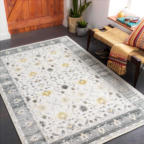 Carvapet Läufer Teppich 90x150cm rutschfest Lang Küchenteppich Weiche Mikrofaser Waschbar Teppichläufer Blumendruck Flächenteppich Laufteppich(Grau) von Carvapet