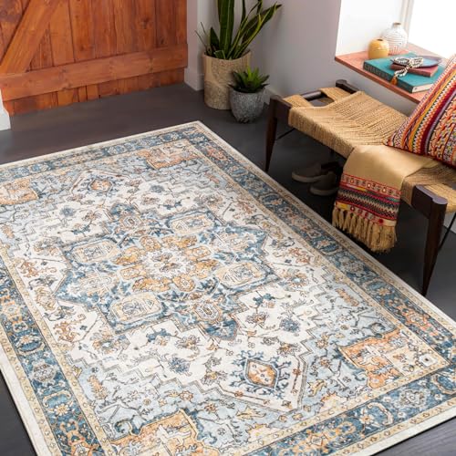 Carvapet Läufer Teppich 90x150cm rutschfest Lang Teppichläufer Waschbar Mikrofaser Vintage Medaillon Blau Teppich Flächenteppich Laufteppich von Carvapet