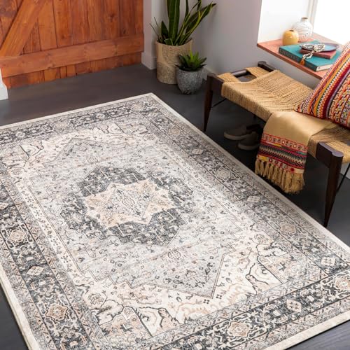 Carvapet Läufer Teppich 90x150cm rutschfest Lang Teppichläufer Waschbar Mikrofaser Vintage Medaillon Grau Teppich Flächenteppich Laufteppich von Carvapet