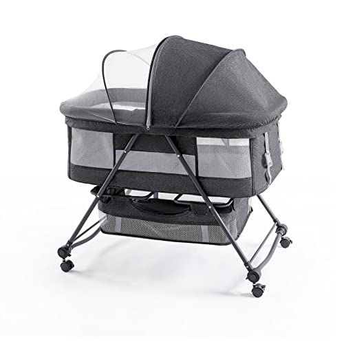 Carvapet Baby Beistellbett Reisebett Babybett mit Matratze, Atmungsaktives Moskitonetz, Seitennetz, Aufbewahrungskorb, Kleinkinder Klappbett 0-6 Monate, 4 Rollen (Grau) von Carvapet