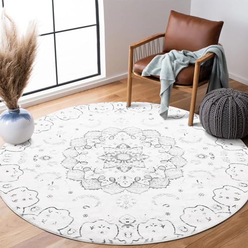 Carvapet Teppich Rund 120cm Weich und Flauschig Teppich Gegend Kreis rutschfest Waschbar Blumendrucke Bodenteppich Wohnzimmer Schlafzimmer(Grau) von Carvapet