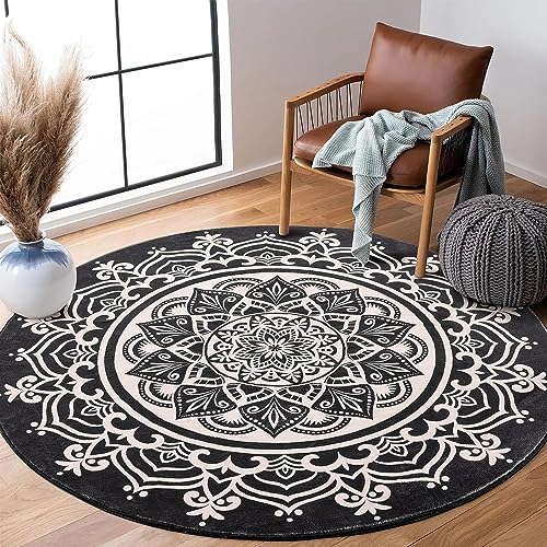 Carvapet Teppich Rund 120cm Weich und Flauschig Teppich Gegend Kreis rutschfest Waschbar Böhmisches Mandala Bodenteppich Wohnzimmer Schlafzimmer(Schwarz) von Carvapet