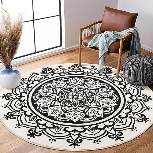 Carvapet Teppich Rund 120cm Weich und Flauschig Teppich Gegend Kreis rutschfest Waschbar Böhmisches Mandala Bodenteppich Wohnzimmer Schlafzimmer(Schwarz Mandala) von Carvapet