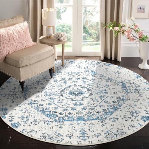 Carvapet Teppich Rund 150cm Weich und Flauschig Teppich Gegend Kreis rutschfest Waschbar Blumendrucke Bodenteppich Wohnzimmer Schlafzimmer(Blau) von Carvapet