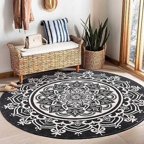 Carvapet Teppich Rund 150cm Weich und Flauschig Teppich Gegend Kreis rutschfest Waschbar Böhmisches Mandala Bodenteppich Wohnzimmer Schlafzimmer(Schwarz) von Carvapet