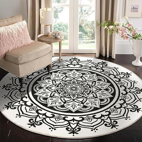 Carvapet Teppich Rund 150cm Weich und Flauschig Teppich Gegend Kreis rutschfest Waschbar Böhmisches Mandala Bodenteppich Wohnzimmer Schlafzimmer(Schwarz Mandala) von Carvapet