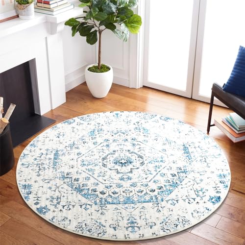 Carvapet Teppich Rund 90cm Weich und Flauschig Teppich Gegend Kreis rutschfest Waschbar Blumendrucke Bodenteppich Wohnzimmer Schlafzimmer(Blau) von Carvapet