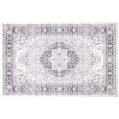 Carvapet Waschbar Läufer Teppich 150x210cm rutschfest Lang Dünner Teppiche Gegend Vintage Medaillon Grau Teppich für Wohnzimmer Schlafzimmer Küche von Carvapet