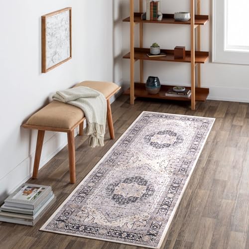 Carvapet Waschbar Läufer Teppich 60x180cm rutschfest Lang Dünner Teppiche Gegend Vintage Medaillon Grau Teppich für Wohnzimmer Schlafzimmer Küche von Carvapet