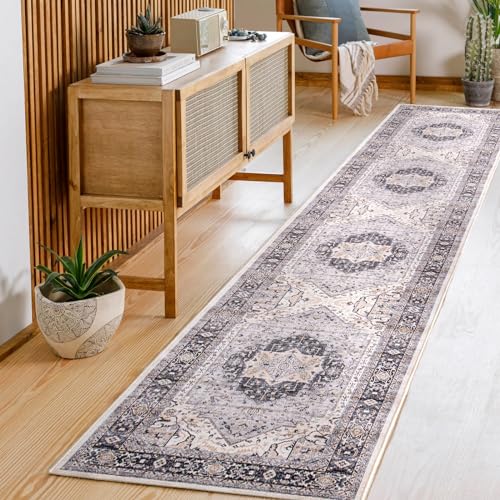 Carvapet Waschbar Läufer Teppich 60x300cm rutschfest Lang Dünner Teppiche Gegend Vintage Medaillon Grau Teppich für Wohnzimmer Schlafzimmer Küche von Carvapet