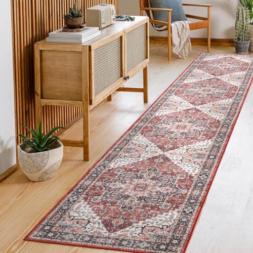 Carvapet Waschbar Läufer Teppich 60x300cm rutschfest Lang Dünner Teppiche Gegend Vintage Medaillon Rot Teppich für Wohnzimmer Schlafzimmer Küche von Carvapet