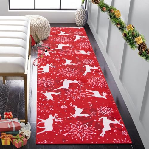 Carvapet Weihnachten Läufer Teppich 60x240cm rutschfest Lang Weihnachtsteppich Weiche Mikrofaser Schneeflocke Rentier Weihnachten Rot Waschbar Teppichläufer Küchenteppich Flächenteppich Laufteppich von Carvapet