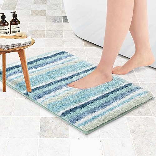 Carvapet rutschfest Badematte Badezimmerteppich Wasserabsorbierend Badvorleger Gestreifte Weiche Plüsch Mikrofaser Badteppich(43x61cm,Aqua) von Carvapet