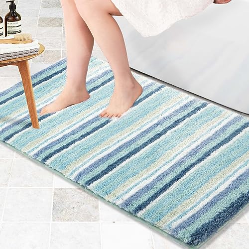 Carvapet rutschfest Badematte Badezimmerteppich Wasserabsorbierend Badvorleger Gestreifte Weiche Plüsch Mikrofaser Badteppich(61x120cm,Aqua) von Carvapet