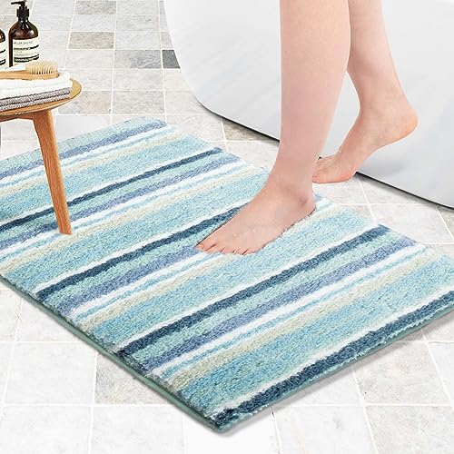 Carvapet rutschfest Badematte Badezimmerteppich Wasserabsorbierend Badvorleger Gestreifte Weiche Plüsch Mikrofaser Badteppich(61x91cm,Aqua) von Carvapet