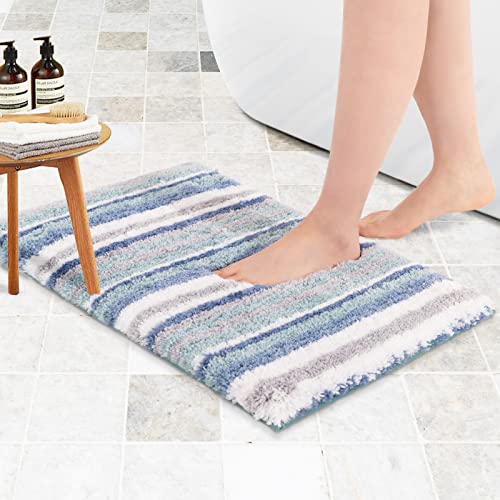 Carvapet rutschfest Badematte Badezimmerteppich Wasserabsorbierend Badvorleger für Badezimmer Weiche Plüsch Gestreifte Mikrofaser Badteppich Duschvorleger(Blau,43x61cm) von Carvapet