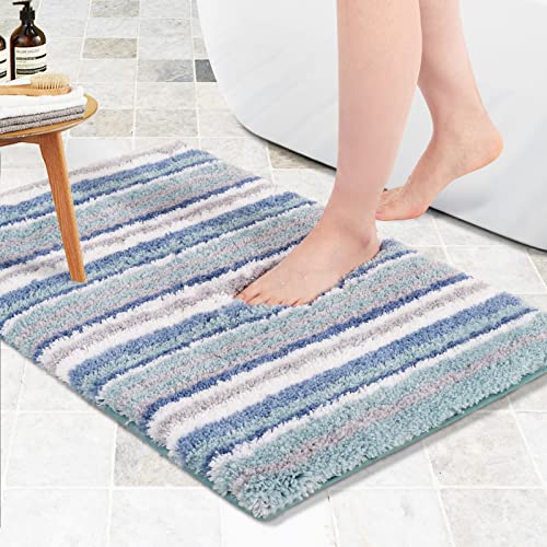 Carvapet rutschfest Badematte Badezimmerteppich Wasserabsorbierend Badvorleger für Badezimmer Weiche Plüsch Gestreifte Mikrofaser Badteppich Duschvorleger(Blau,51x81cm) von Carvapet