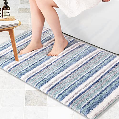 Carvapet rutschfest Badematte Badezimmerteppich Wasserabsorbierend Badvorleger für Badezimmer Weiche Plüsch Gestreifte Mikrofaser Badteppich Duschvorleger(Blau,61x120cm) von Carvapet