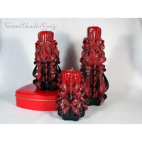 Rot & Schwarz Hand Geschnitzte Kerzen Set Einzigartiges Paraffinwachs Geschenk von CarvedCandlesYuriy