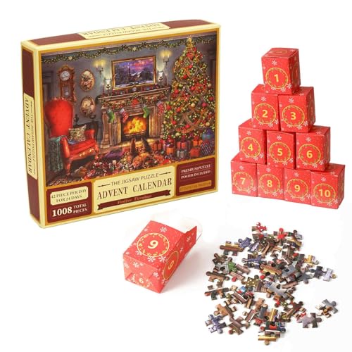 Puzzle-Adventskalender 1008 Teile, 24 kleine Schachteln, 70 x 50 cm, Wanddekoration, Weihnachtsmann-Puzzle, mattes Papier, ungiftig, Familienspielzeug, Weihnachtsgeschenk von Carziyer