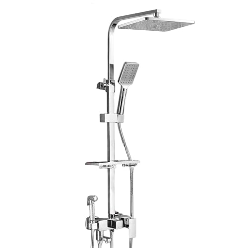 Thermostatische Duschsäule für Haus – Duschsäule 4 Modi und Höhe verstellbar, Wasserpumpe + Druckstrahl (für Badezimmer, mit Regal) (Silber – 4 Geschwindigkeitsstufen) von Carziyer