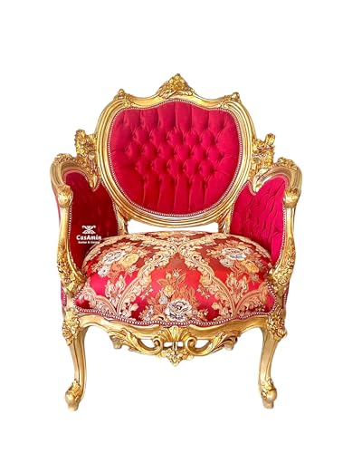 CasAmin Home & Living Sessel im Königlichen Look im Barocken Rokoko Stil. Einzelsofa Sessel in Burgunderrotem Damast und Gold Finish zur Dekoration von Hotellobbys oder Wohnzimmern von CasAmin Home & Living
