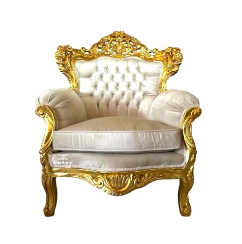 CasAmin Home & Living Sessel im Louis XV-Stil aus Beigem Samt, Sofasessel im Retro Barock Rokoko Stil mit Gold Finish für die Inneneinrichtung von CasAmin Home & Living
