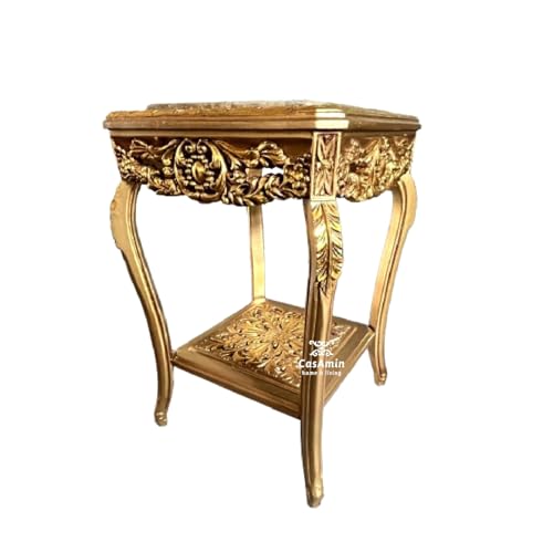 Goldener Quadratischer Beistelltisch im Französischen Barock Rokoko Stil, Handgefertigter Beistelltisch aus Holz mit Kamelfarbener Marmorplatte, Goldener Couchtisch, Teetisch als Wohndekoration Goldener Quadratischer Beistelltisch im Französischen Barock Rokoko Stil, Handgefertigter Beistelltisch aus Holz mit Kamelfarbener Marmorplatte, Goldener Couchtisch, Teetisch als Wohndekoration von CasAmin Home & Living
