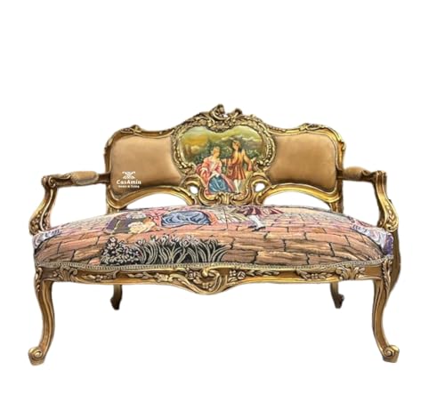 Nostalgische Bank im Barockstil aus Samt in Kamelfarbe, 2-Sitzer Sofa mit Palastlandschafts Motiv, Sofa im Retro-Stil im handgefertigten Stil für die Heimdekoration im Wohnzimmer von CasAmin Home & Living