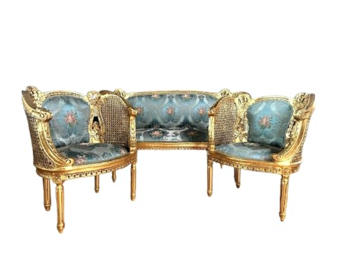 Retro Royal Sofa Set Französisches Rokoko Blau Floral Damast Couch Set Handgefertigtes Nostalgisches Barock Sofa Set für Wohnzimmer Wohndekoration von CasAmin Home & Living