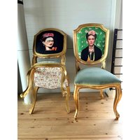 Akzent Stuhl Retro Barock Rokoko Stil Holzstuhl Im Blumen Frida K. Print Gold Finish Für Zuhause Essen von CasAminMobel