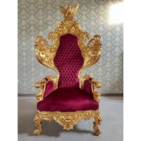 Barock Rokoko Königsthron Stuhl Roter Samt, Gold Adler Skulptur von CasAminMobel