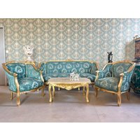 Sofa Set Barockstil in Türkis Samt Farbe Gold Finish Französisch Antik Stil Grüne Damast Für Urlaub Event Home Decor von CasAminMobel