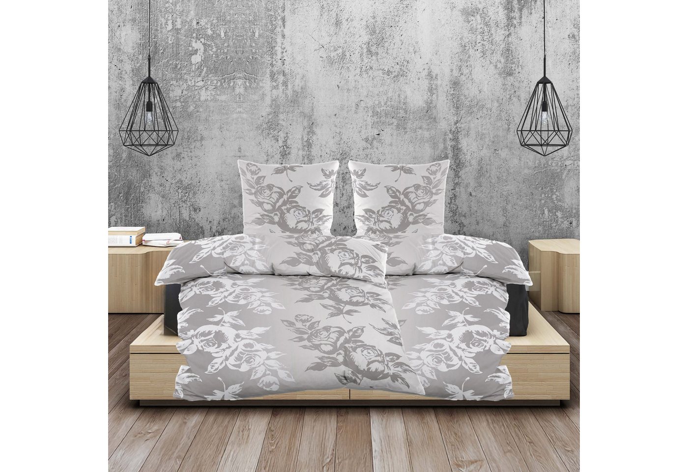 Casa Colori Bettwäsche Biber 135x200 cm mit Reißverschluss aus Baumwolle, Biber, 4 teilig, Grau mit Rosen Blumenmuster von Casa Colori