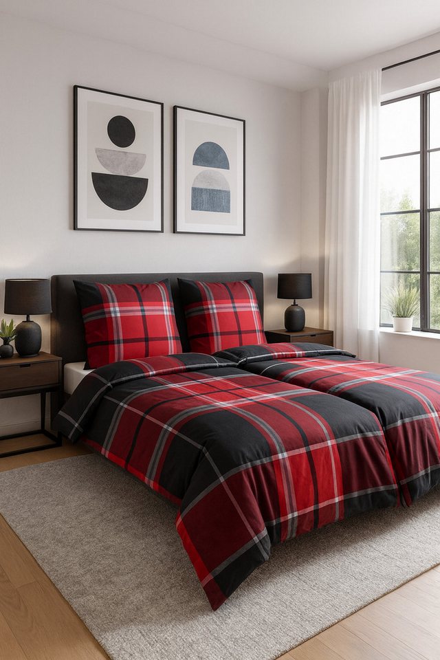 Casa Colori Bettwäsche Biber Bettwäsche 135x200 Anthrazit Grau Rot kariert, Biber, 4 teilig, 100% Baumwolle von Casa Colori