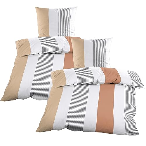 Casa Colori Renforce Bettwäsche Set 135x200 cm Beige Braun Streifen, 4 TLG.Set von Casa Colori