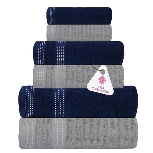 Casa Copenhagen Elegance 6-teiliges Handtuchset, Marineblau + Grau, 550 g/m², 2 Badetücher, 2 Handtücher, 2 Waschlappen aus weicher ägyptischer Baumwolle für Badezimmer, Küche und Dusche von Casa Copenhagen