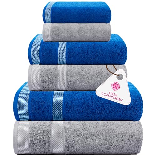 Casa Copenhagen Solitaire Mix 6-teiliges Handtuchset, Grauviolett + Electric Blue, 600g/m², 2Badetücher, 2Handtücher, 2Waschlappen aus weicher ägyptischer Baumwolle für Badezimmer, Küche und Dusche von Casa Copenhagen