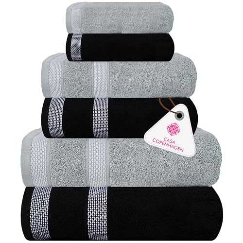 Casa Copenhagen Solitaire Mix 6-teiliges Handtuchset – Grau Violett + Schwarz, 600 g/m², 2 Badetücher, 2 Handtücher, 2 Waschlappen aus weicher ägyptischer Baumwolle für Badezimmer, Küche und Dusche von Casa Copenhagen